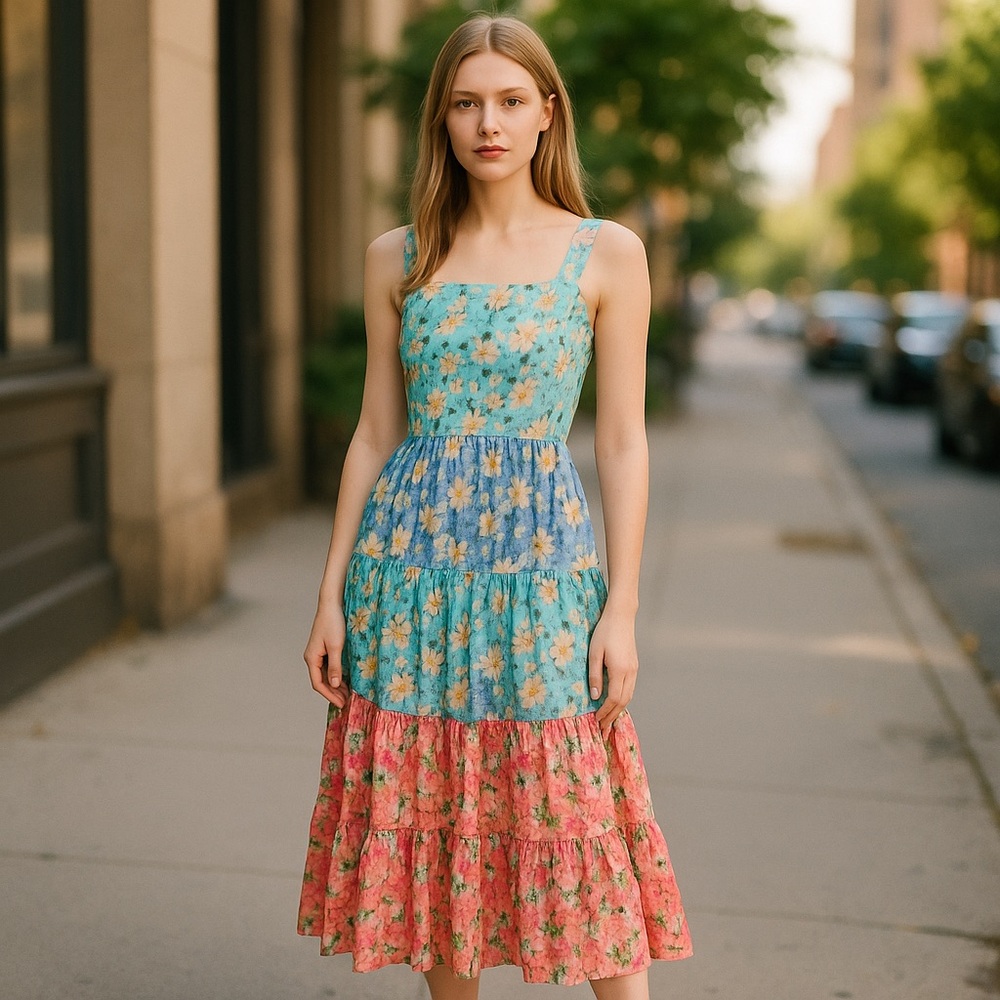 NWT  SAM EDELMAN Mixed Media Maxi Dress INAqua/ Blue/ Pink